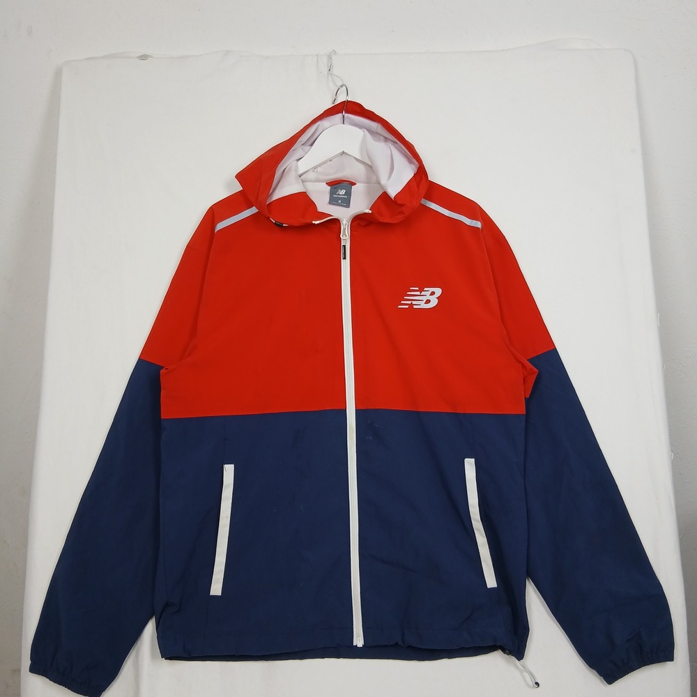 New Balance Mens Red Navy Blue Colorblock Hooded Windbreaker Jacket Size M
